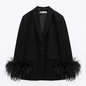 Zara Black Feather Trim Pocket Blazer Size M 2104/707 🪶✨